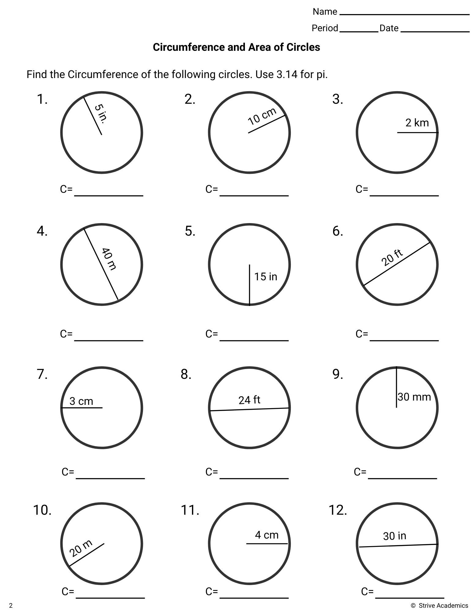 Area And Circumference Of Circles Worksheet Set 1 Etsy