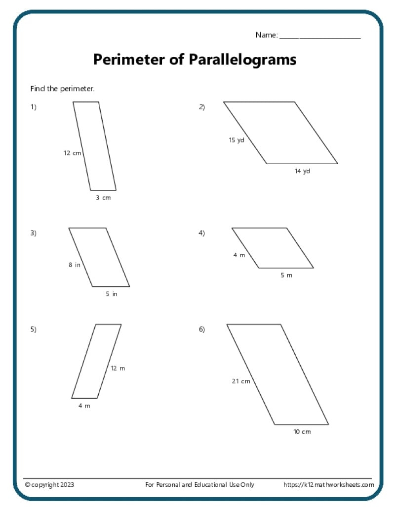 Area And Perimeter Of Parallelograms K12 Math Worksheets