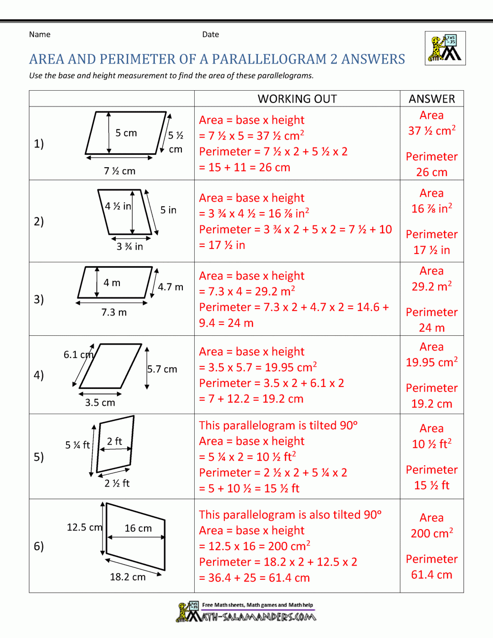 area of parallelogram worksheet