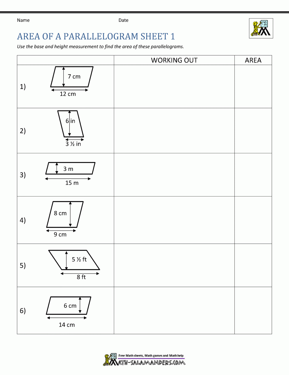 Area Of Parallelogram Worksheet