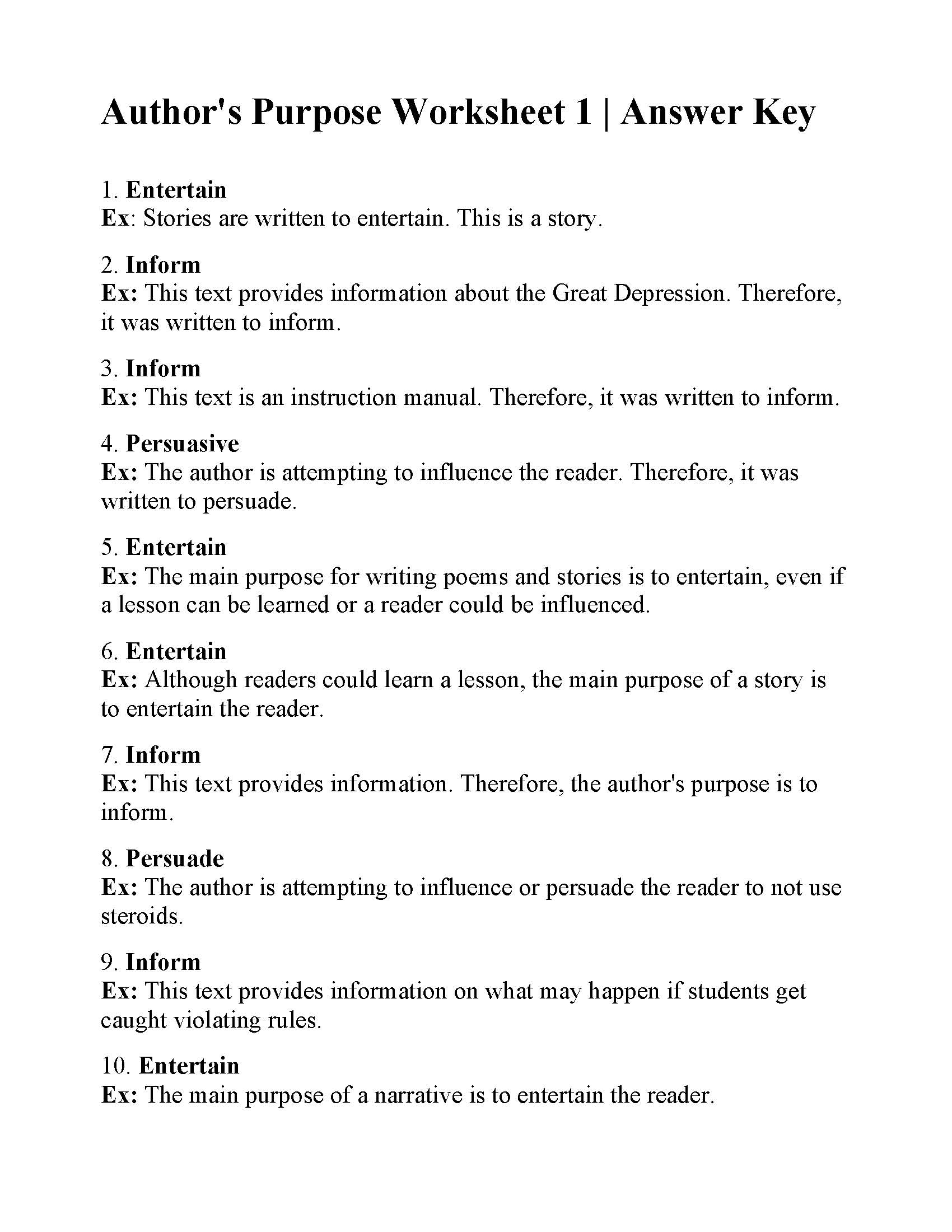 Author s Purpose Worksheet 1 Reading Activity Author s Purpose Worksheet 1 Reading Activity