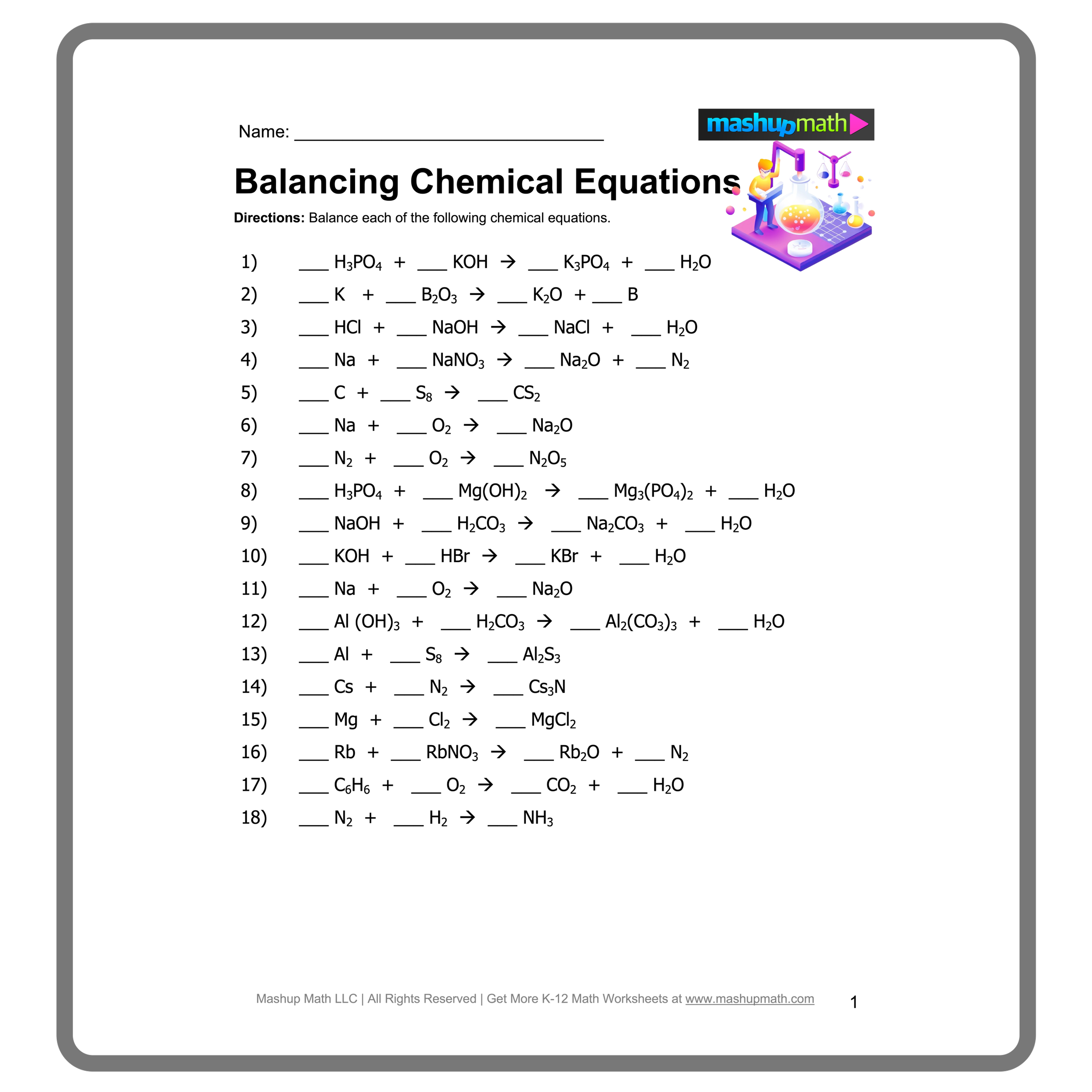 balancing of chemical equations worksheet