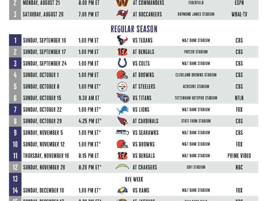 Baltimore Ravens 2023 Season Printable Schedule Maryland Stadium Authority