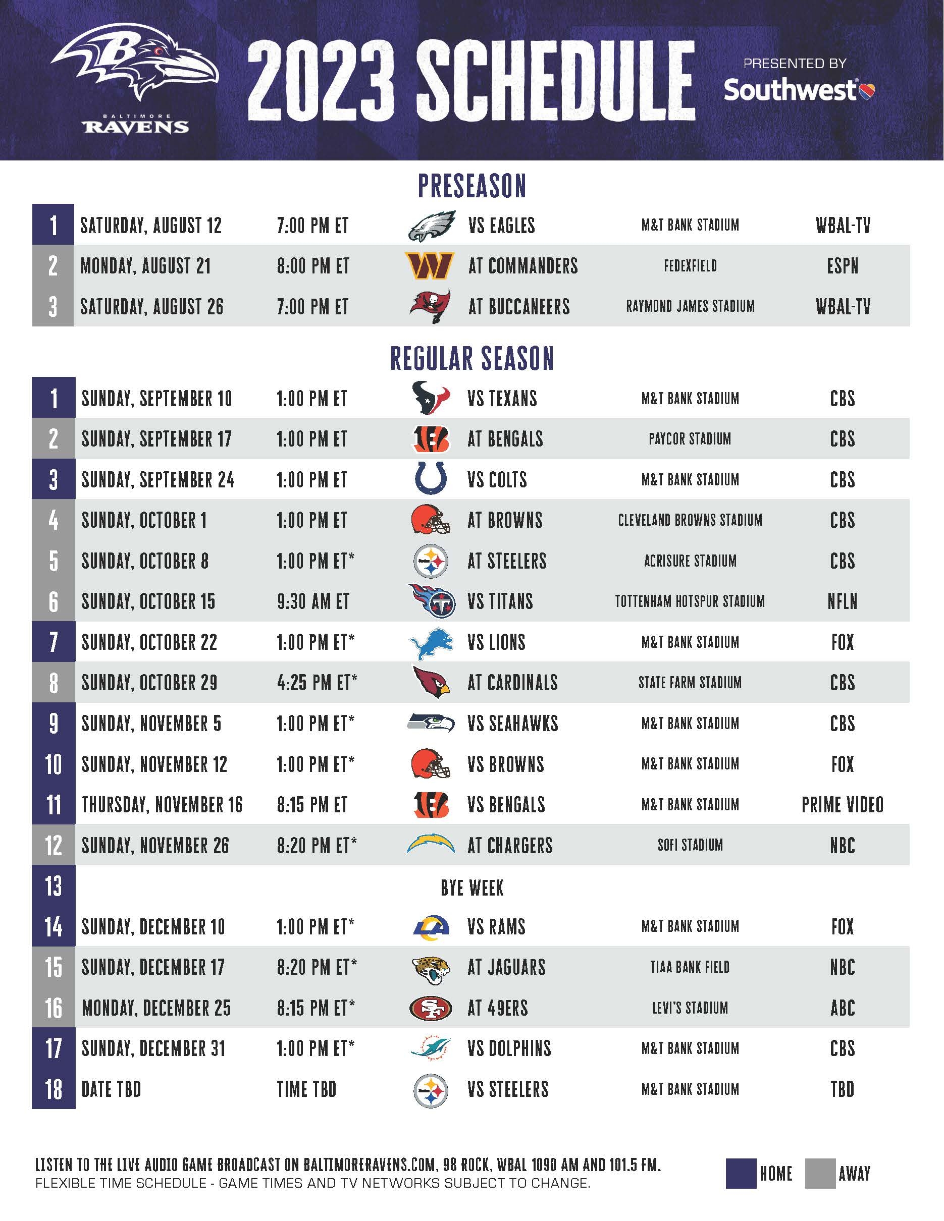 Baltimore Ravens 2023 Season Printable Schedule Maryland Stadium Authority Baltimore Ravens 2023 Season Printable Schedule Maryland Stadium Authority