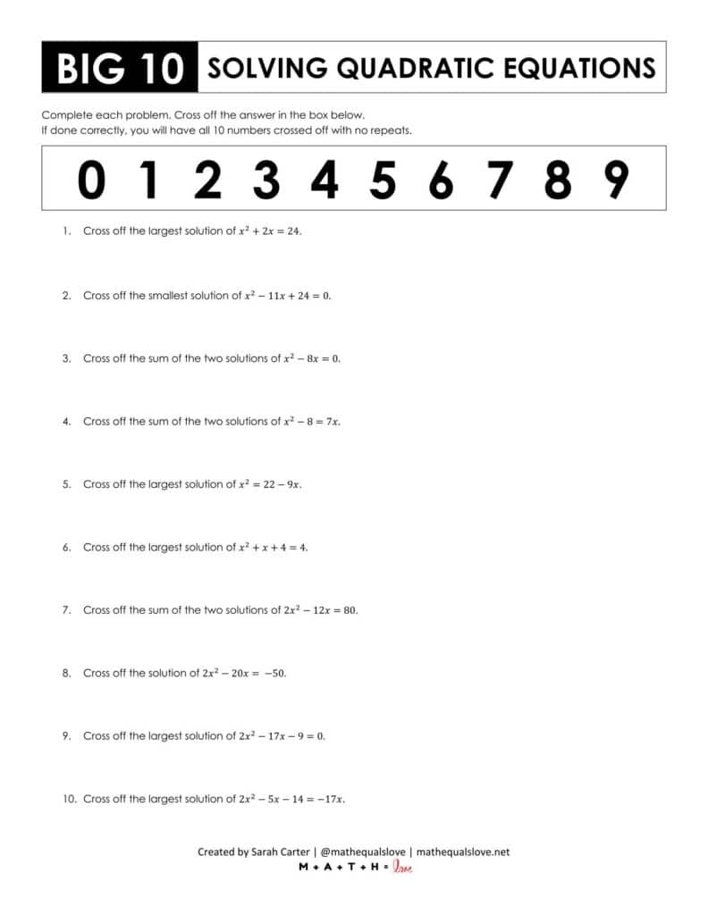 Big 10 Solving Quadratic Equations By Factoring Worksheet Math Love