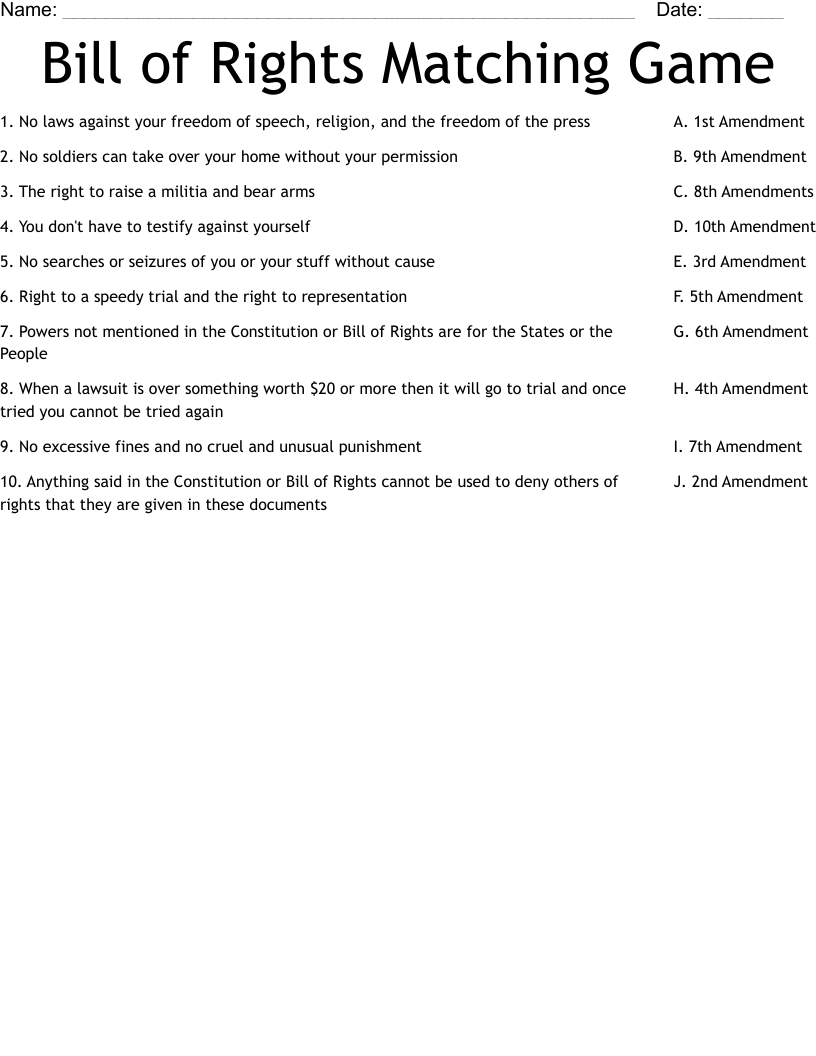 bill of rights worksheet