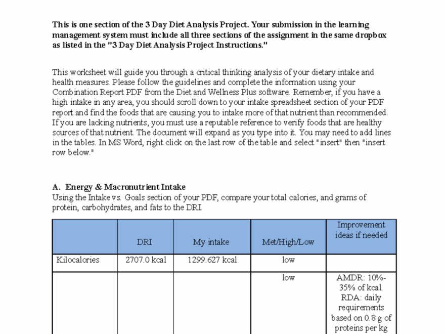 BIO 319 RS 3Day Diet Analysis Wk Sheet BIO 3 Day Diet Analysis Worksheet This Is One Section Of Studocu