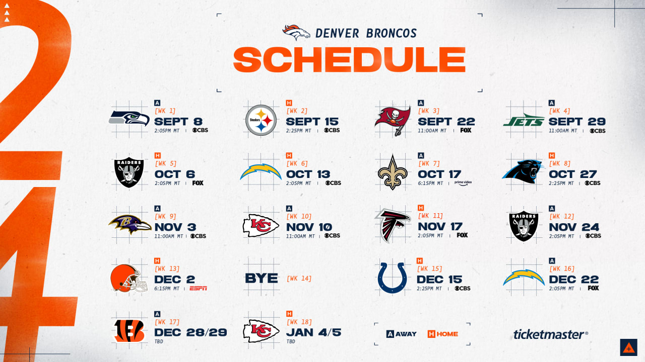 Broncos Unveil 2024 Schedule Featuring Week 1 Game In Seattle And Two Prime time Matchups Broncos Unveil 2024 Schedule Featuring Week 1 Game In Seattle And Two Prime time Matchups