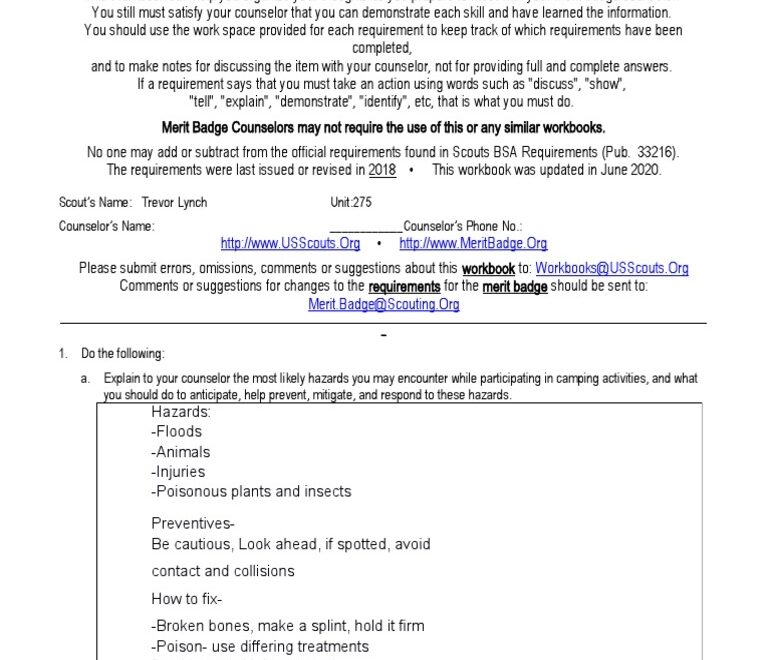 Camping Merit Badge PDF Boy Scouts Of America Sausage Worksheets Library