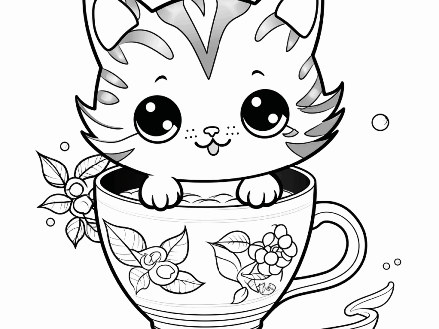 Cat In A Cup Coloring Pages Free Printable