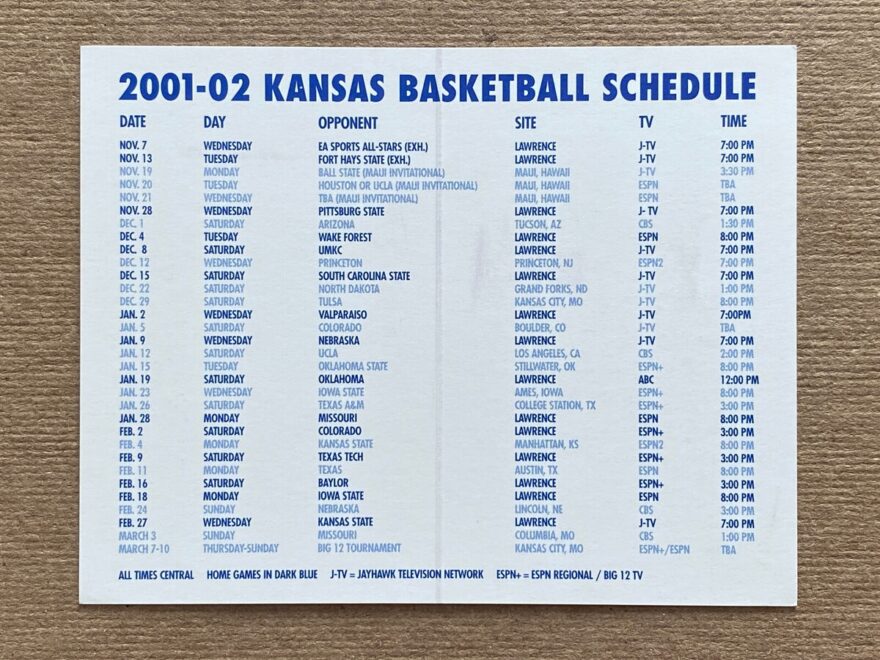 CBK 2001 02 KANSAS JAYHAWKS Basketball Schedule JEFF BOSCHEE Cover College EBay
