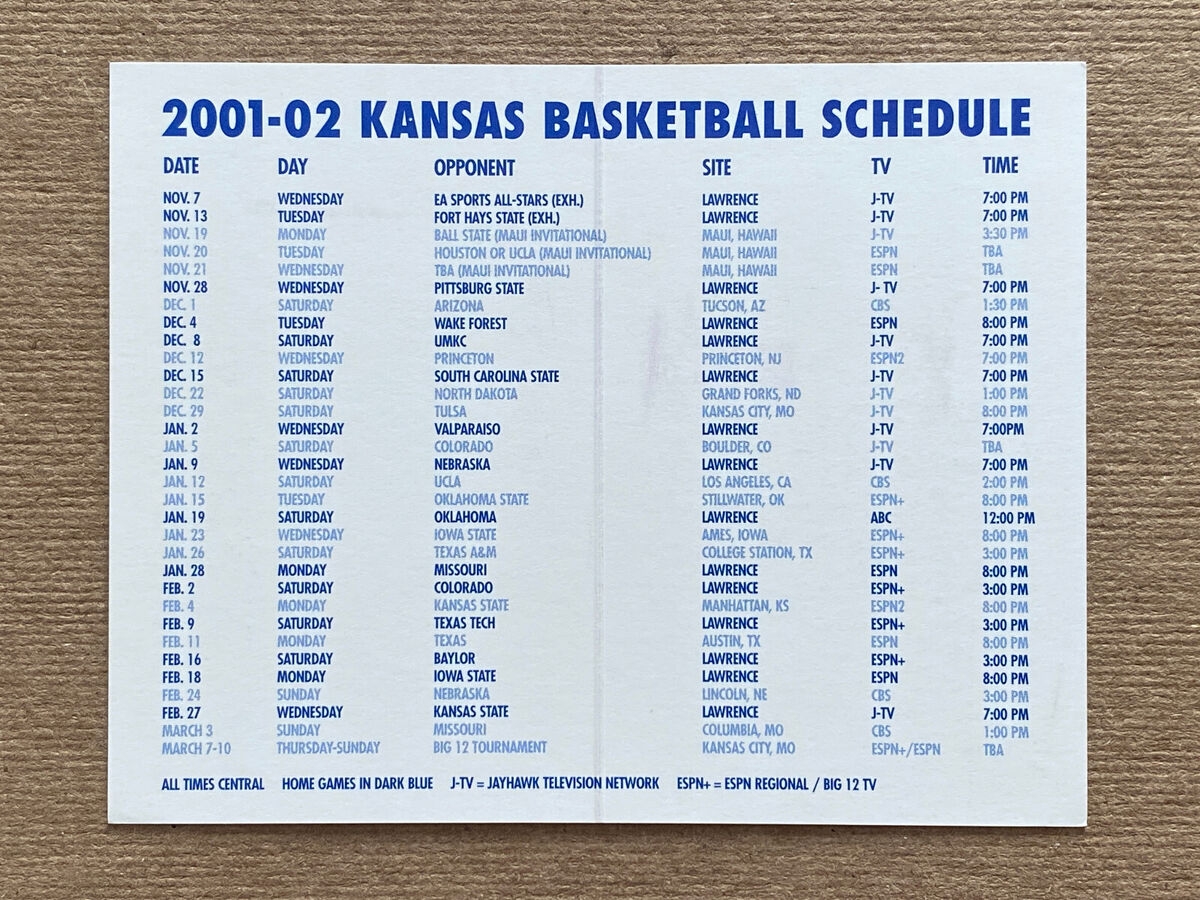 CBK 2001 02 KANSAS JAYHAWKS Basketball Schedule JEFF BOSCHEE Cover College EBay CBK 2001 02 KANSAS JAYHAWKS Basketball Schedule JEFF BOSCHEE Cover College EBay