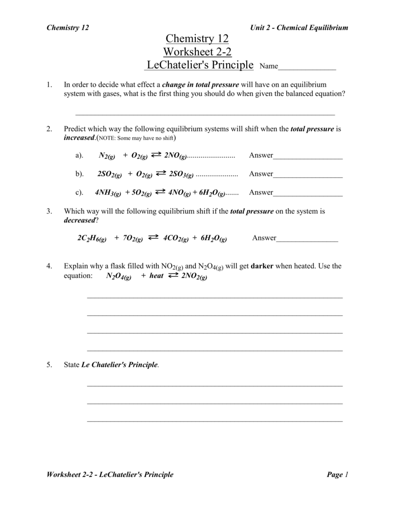 Chemical Equilibrium Le Chatelier s Principle Worksheet Chemical Equilibrium Le Chatelier s Principle Worksheet