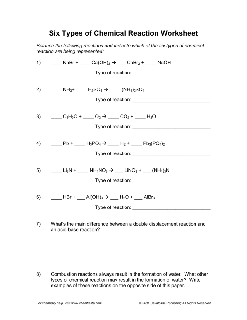 Chemical Reactions Worksheet Balancing Types Chemical Reactions Worksheet Balancing Types