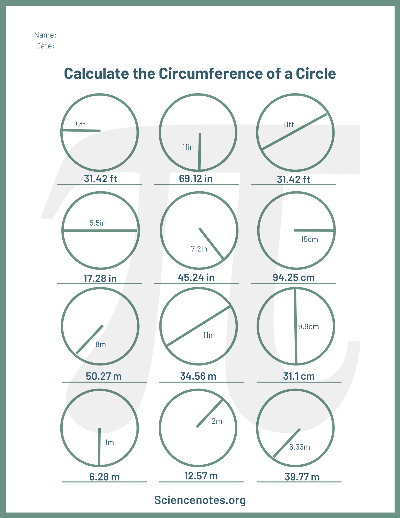 circumference of a circle worksheet