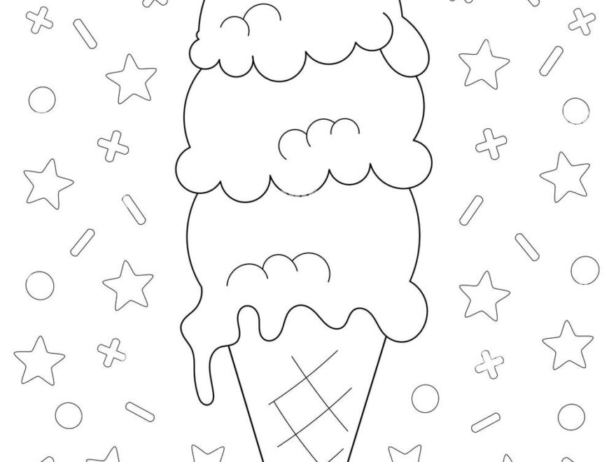 Coloring Page With A Big Ice Cream Cone With 3 Scoops And A Cherry On Top