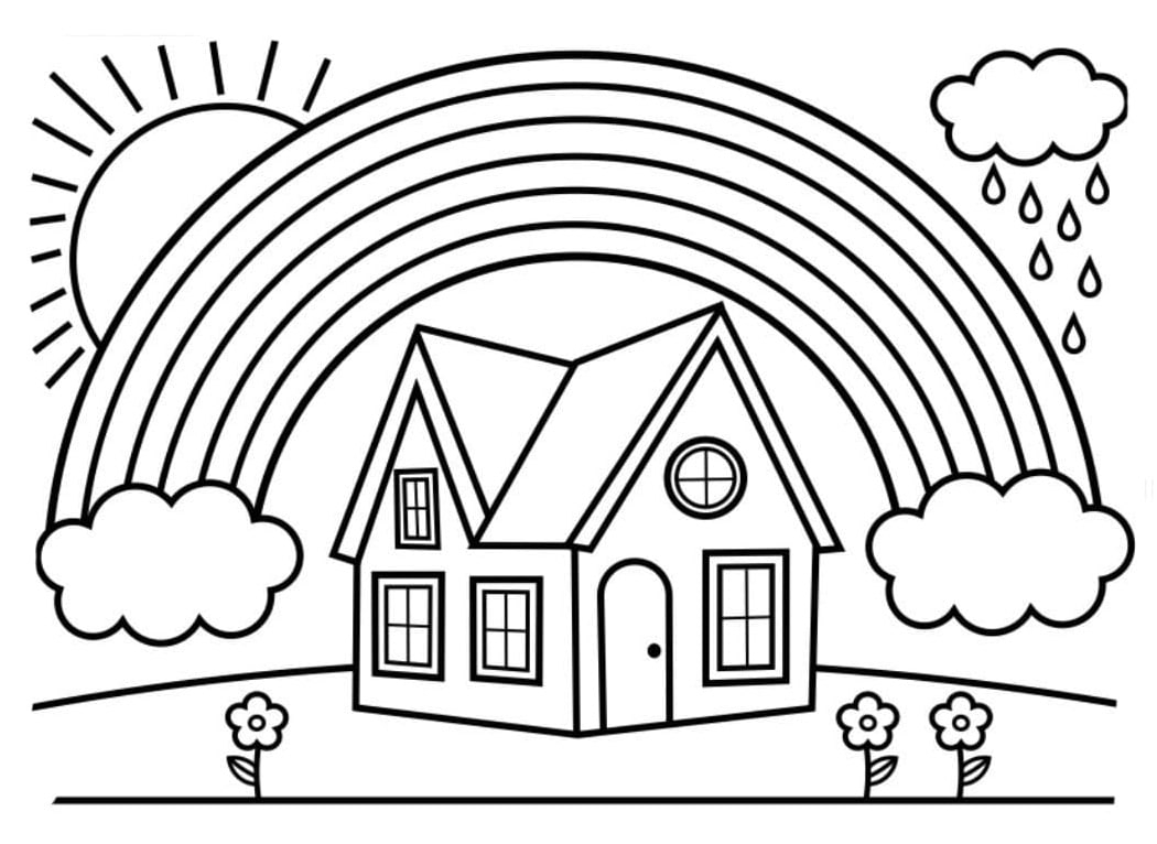 Coloring Pages House And Rainbow Coloring Page