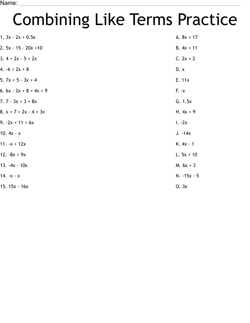 combine like terms worksheet combine like terms worksheet