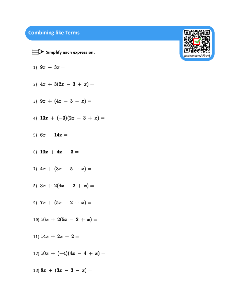 Combining Like Terms Worksheets