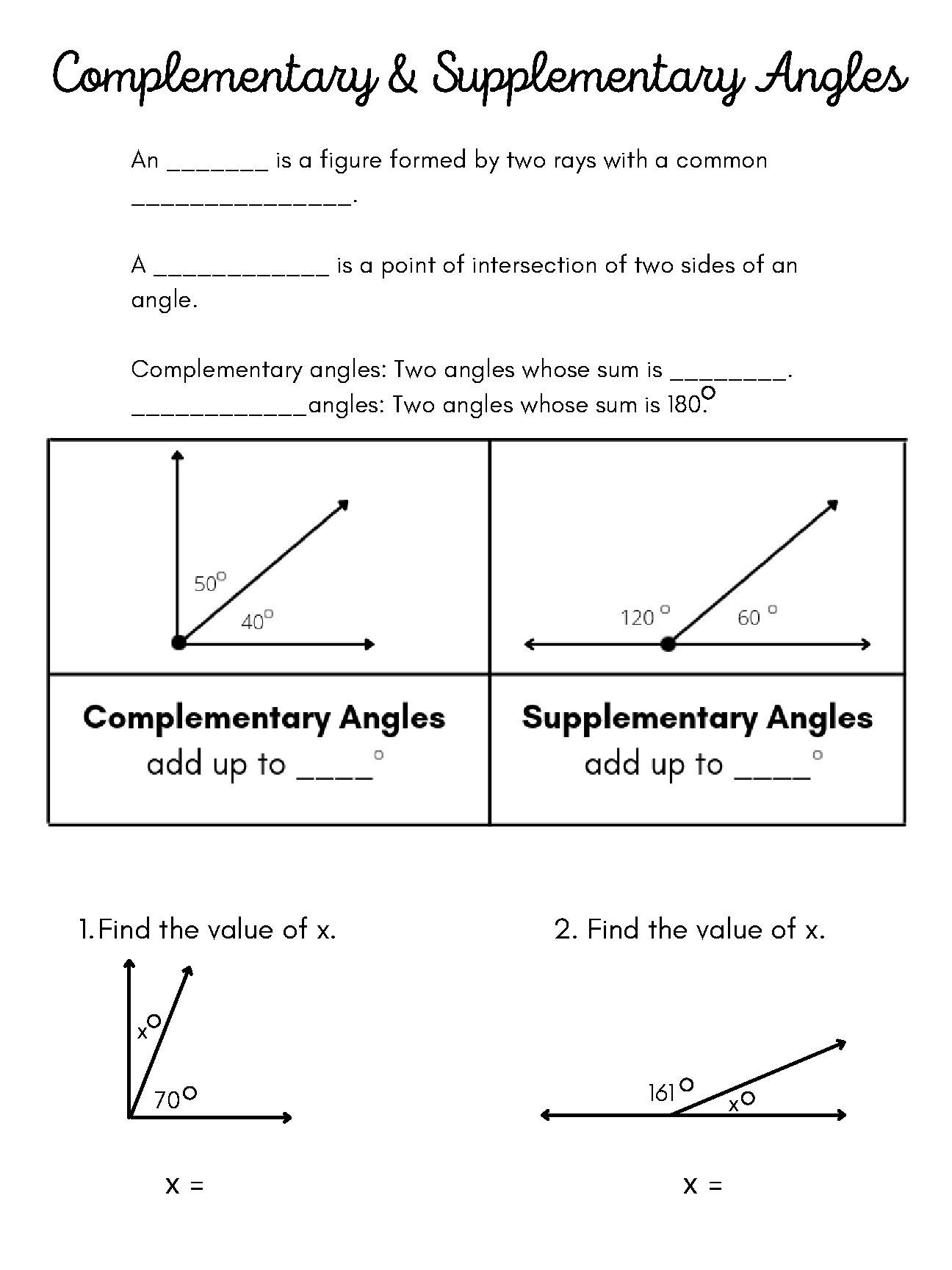 complementary supplementary angles worksheet