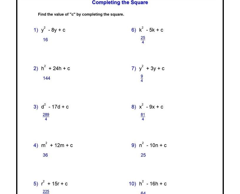 Complete The Square Worksheets Algebra 1 Quadratic Functions Worksheets Made By Teachers