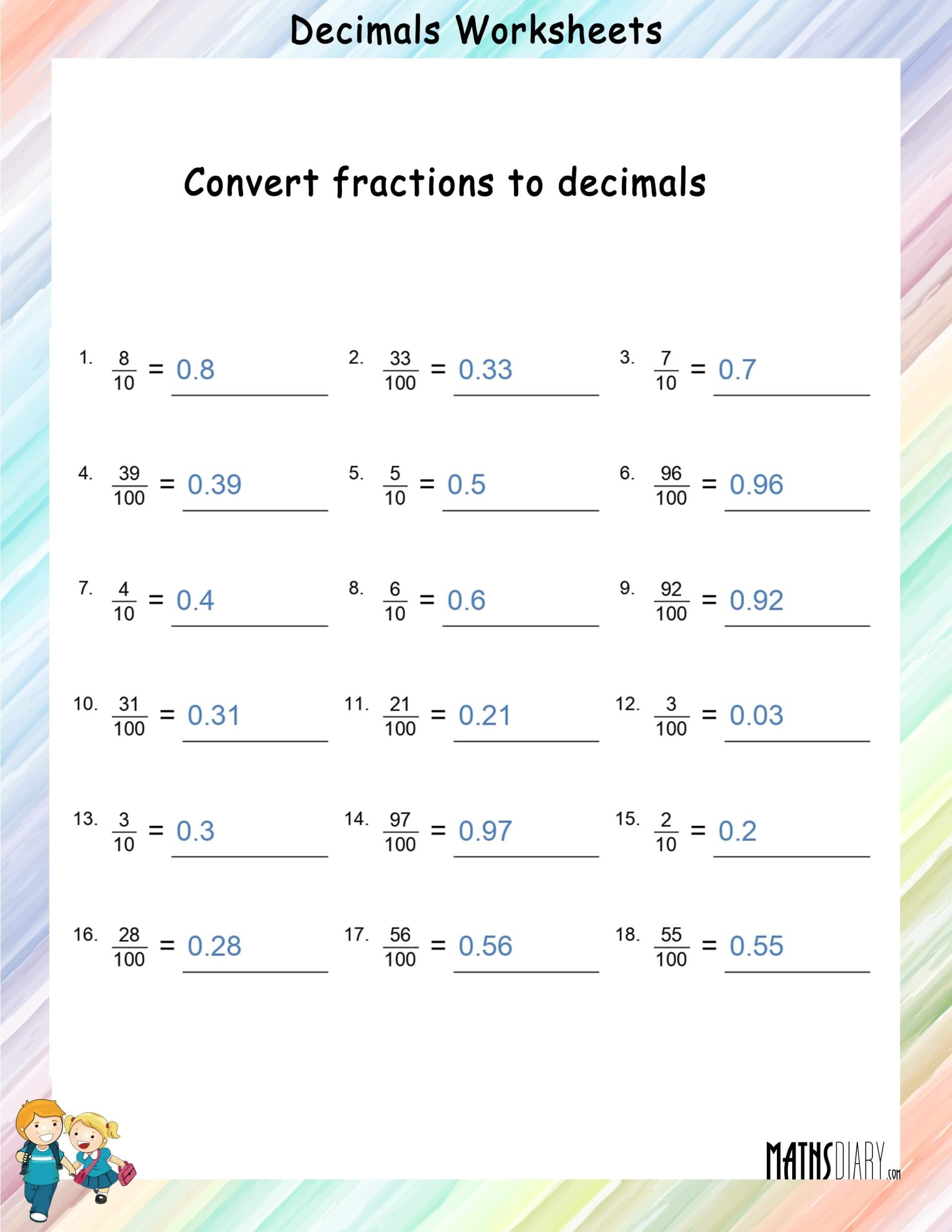 converting from fractions to decimals worksheet
