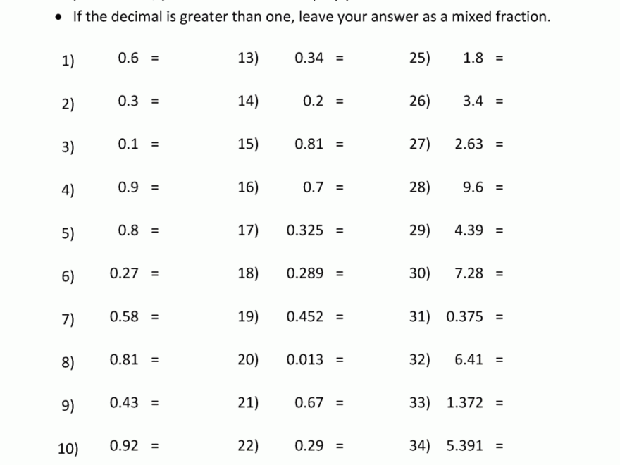 Converting Decimals To Fractions Worksheet