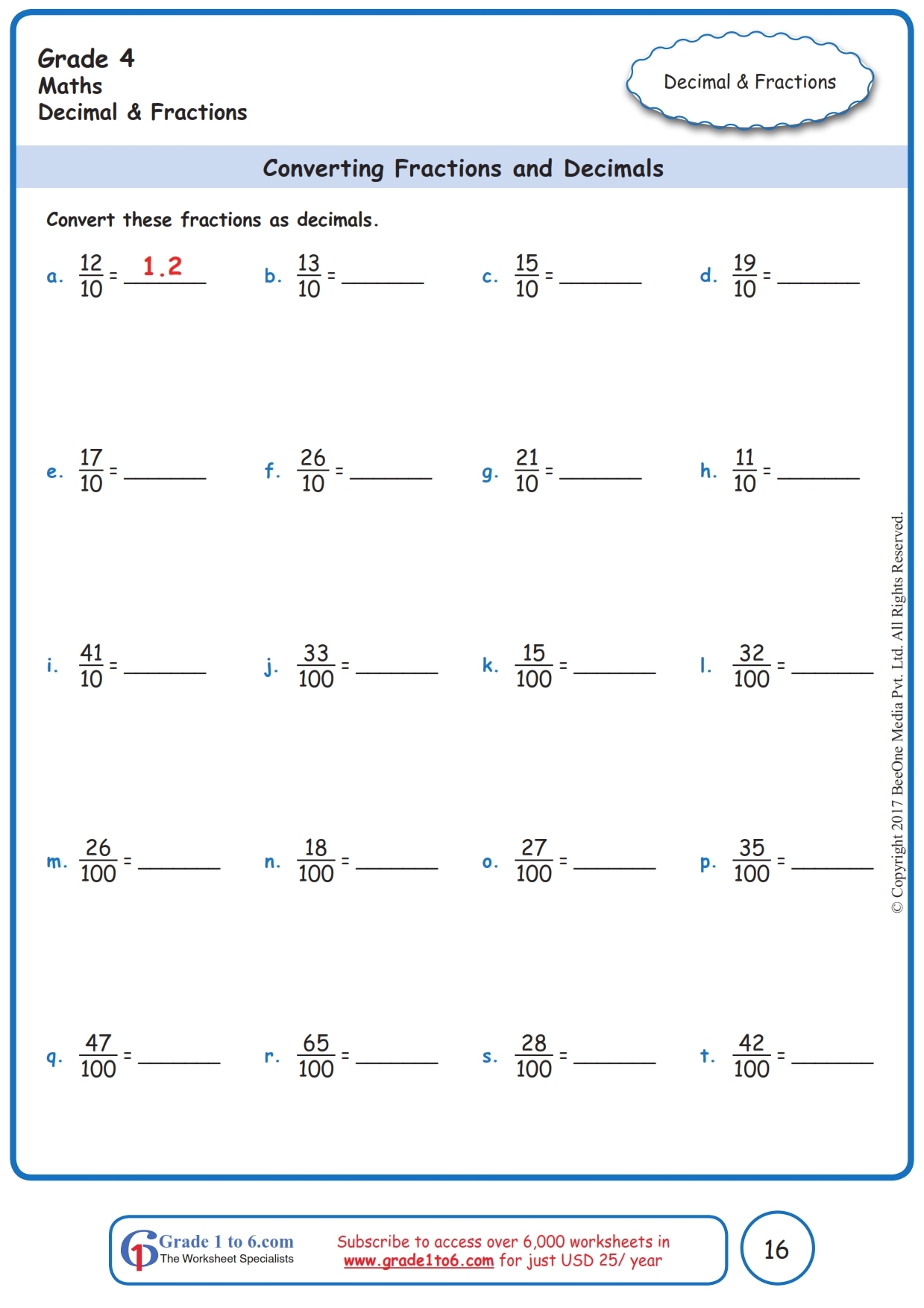 Converting Fraction To Decimals Worksheets www grade1to6