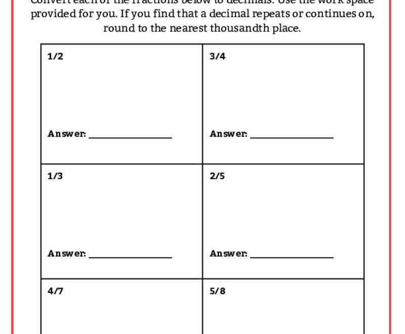 Converting Fractions To Decimals Worksheets