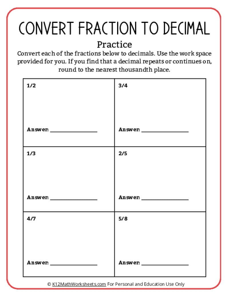 Converting Fractions To Decimals Worksheets