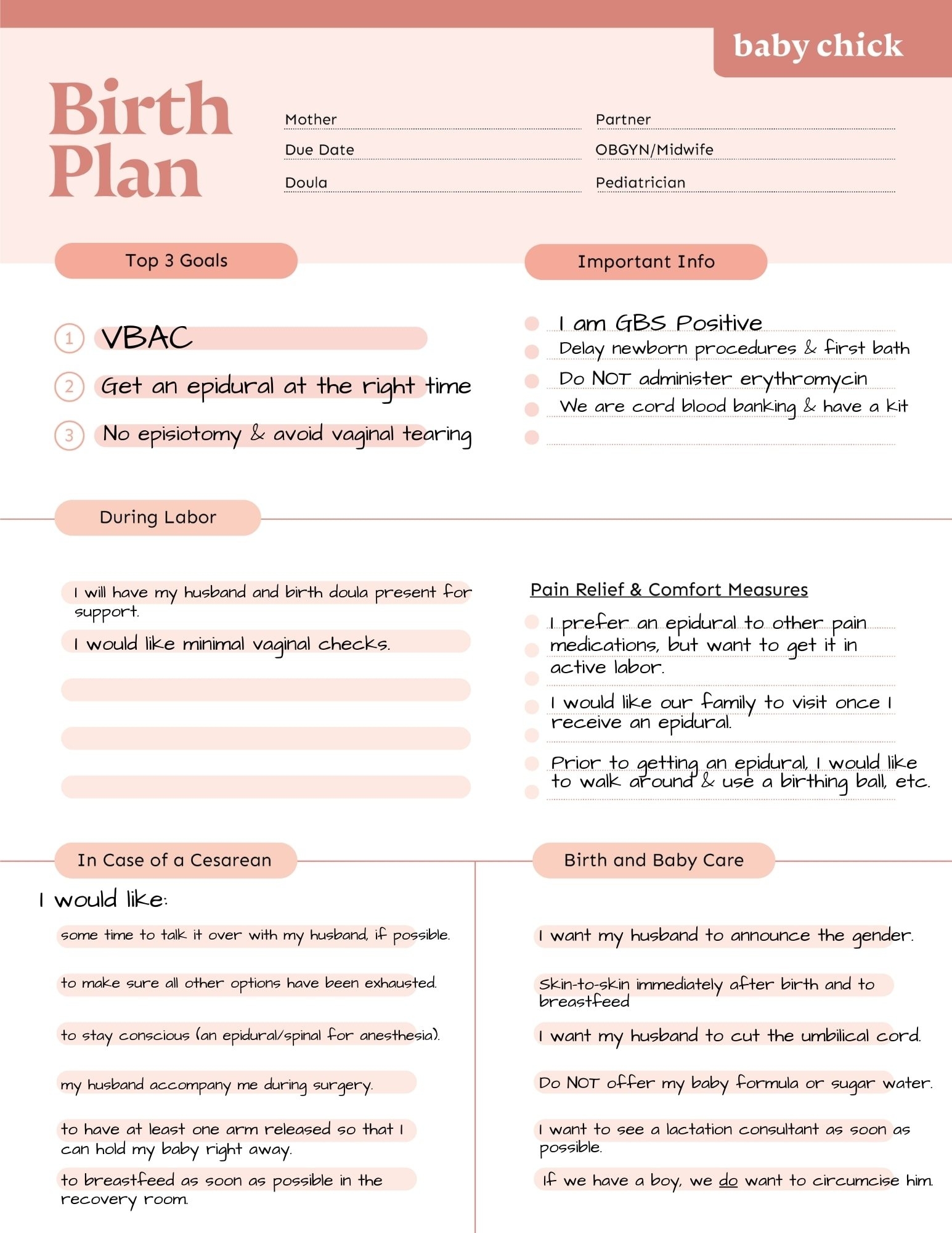 Create Your Perfect Birth Plan Free Template Checklist Baby Chick