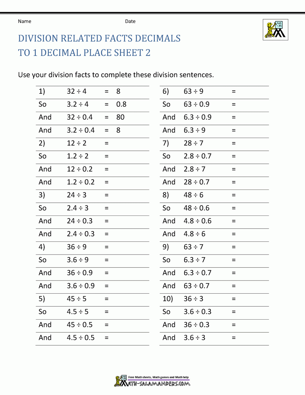 Decimal Division Worksheets Decimal Division Worksheets