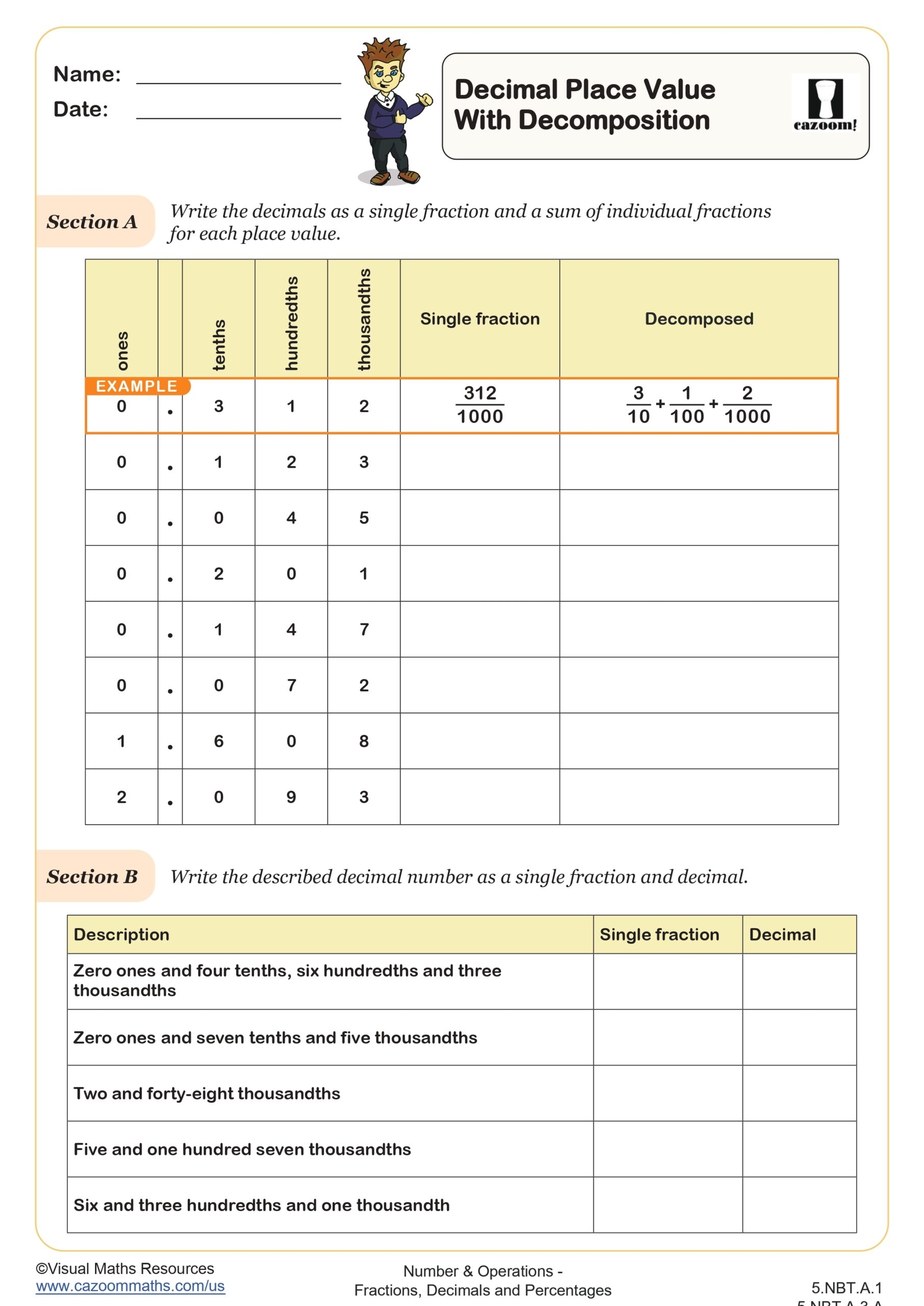 Decimal Place With Decomposition Worksheet Fun And Engaging 5th Grade Number Operations Worksheet Cazoom Math