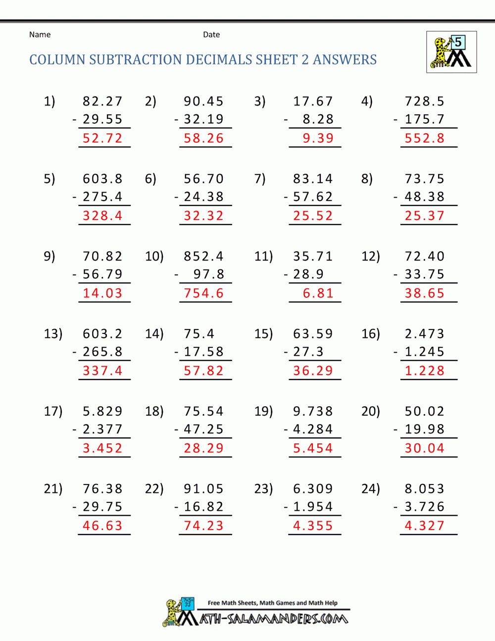 Decimal Subtraction Worksheets Decimal Subtraction Worksheets