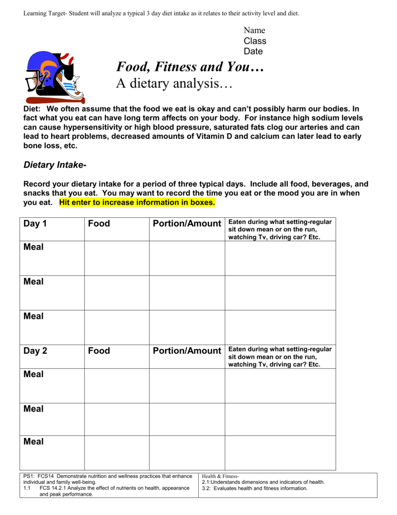 Dietary Analysis Worksheet Food Fitness And You