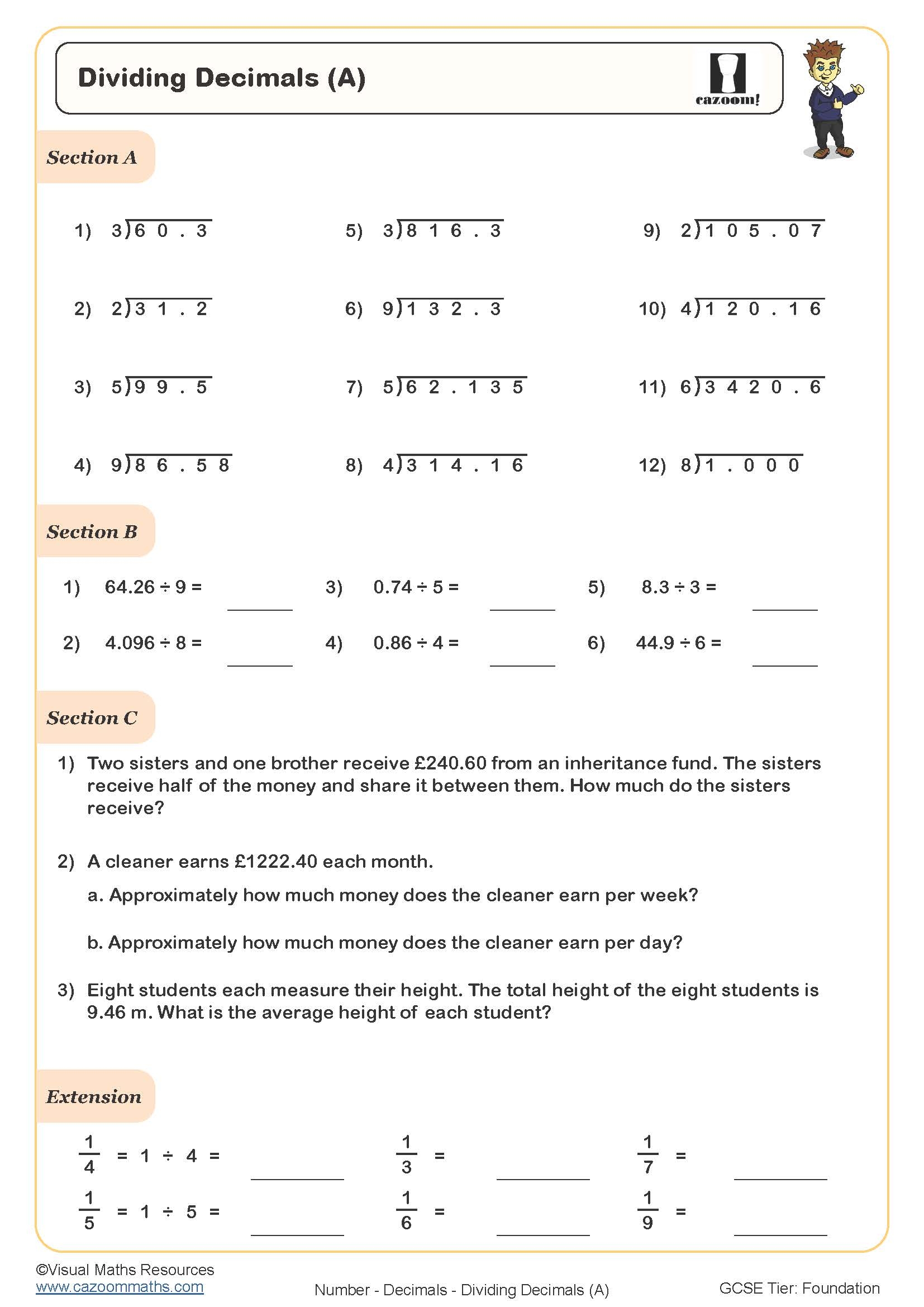 Dividing Decimals PDF Printable Worksheet Dividing Decimals PDF Printable Worksheet