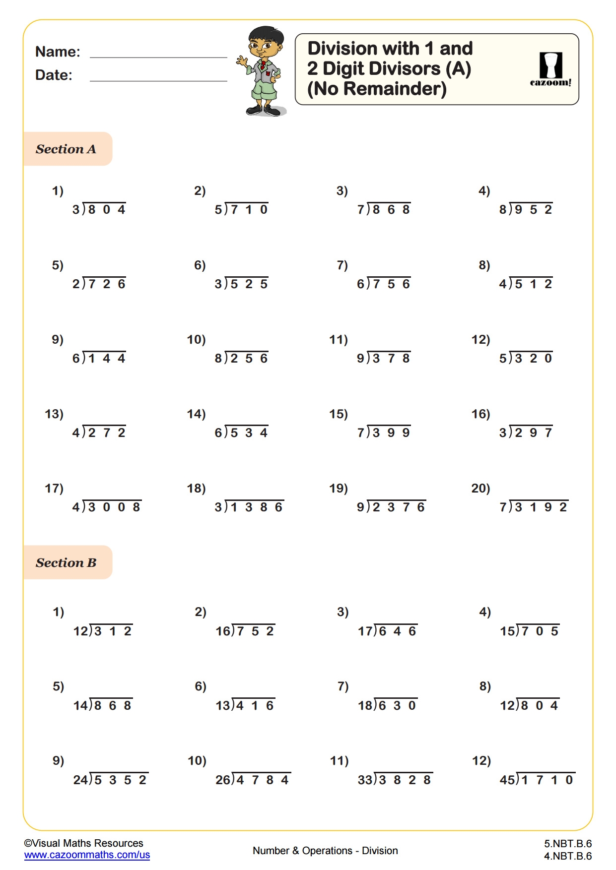 Division A No Remainders PDF Printable Number And Operations Worksheets Cazoom Math