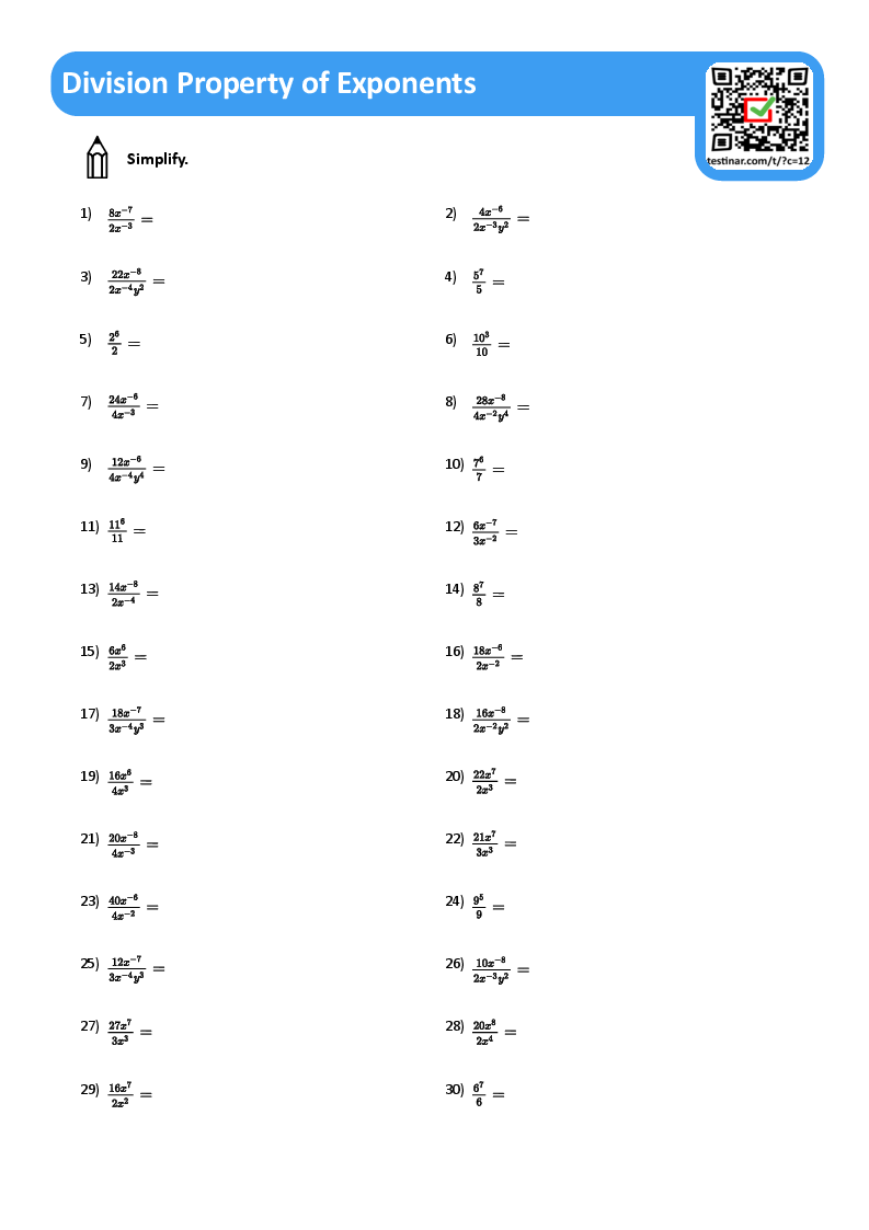 Division Property Of Exponents Worksheets Division Property Of Exponents Worksheets