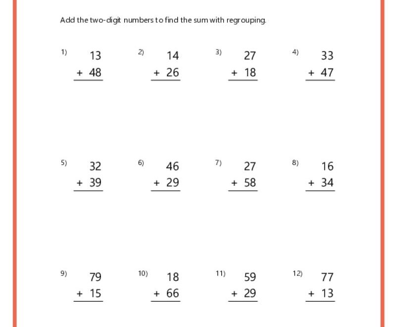 Double Digit Addition With Regrouping Worksheets