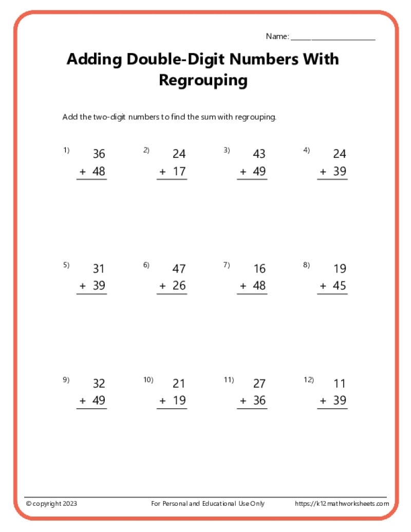 double digit addition worksheets
