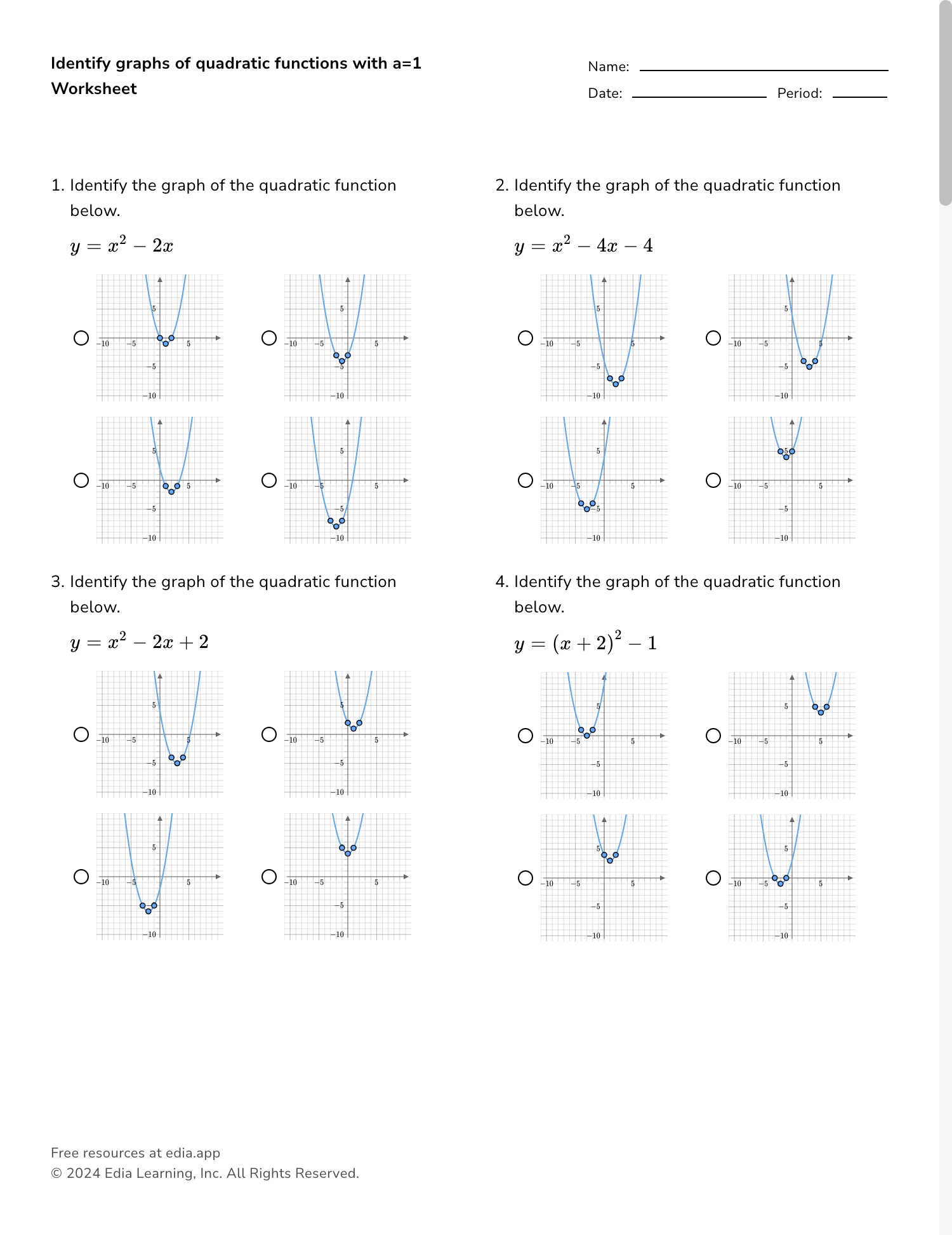 graphing a quadratic function worksheet