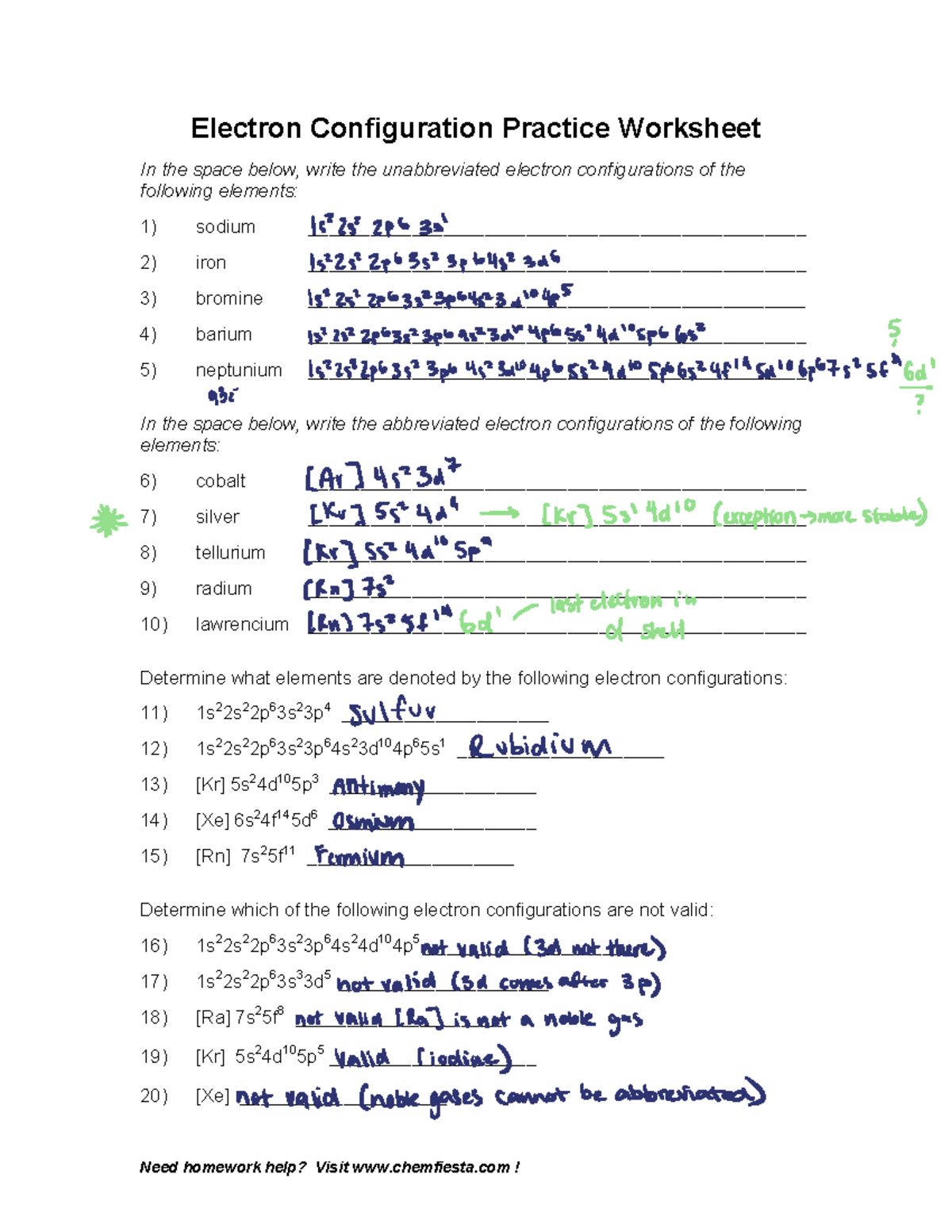 Electron Configuration Practice Worksheet KEY For Chem 101 Studocu