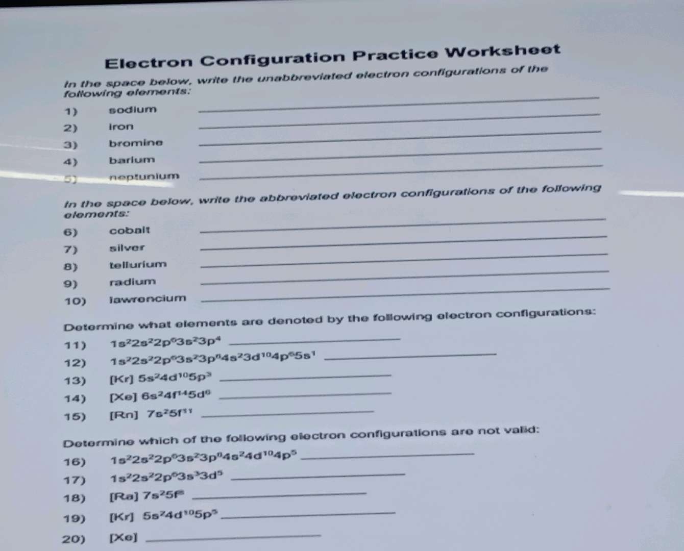 electron configuration practice worksheet