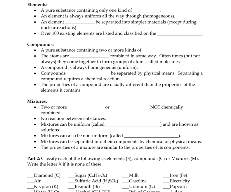 Elements Compounds And Mixtures Worksheet