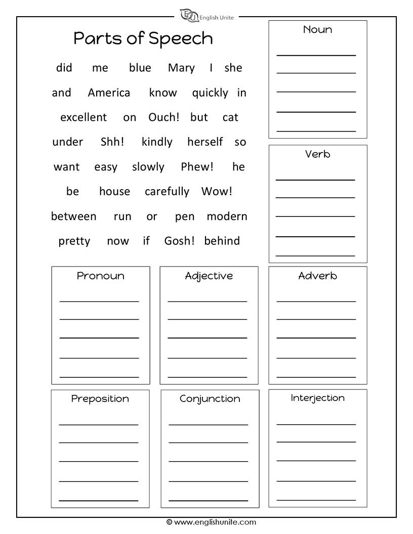 English Unite Parts Of Speech Worksheet English Unite Parts Of Speech Worksheet
