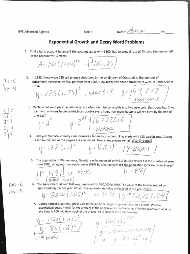 Exponential Growth And Decay Word Problems Worksheet With Answers Worksheets Library