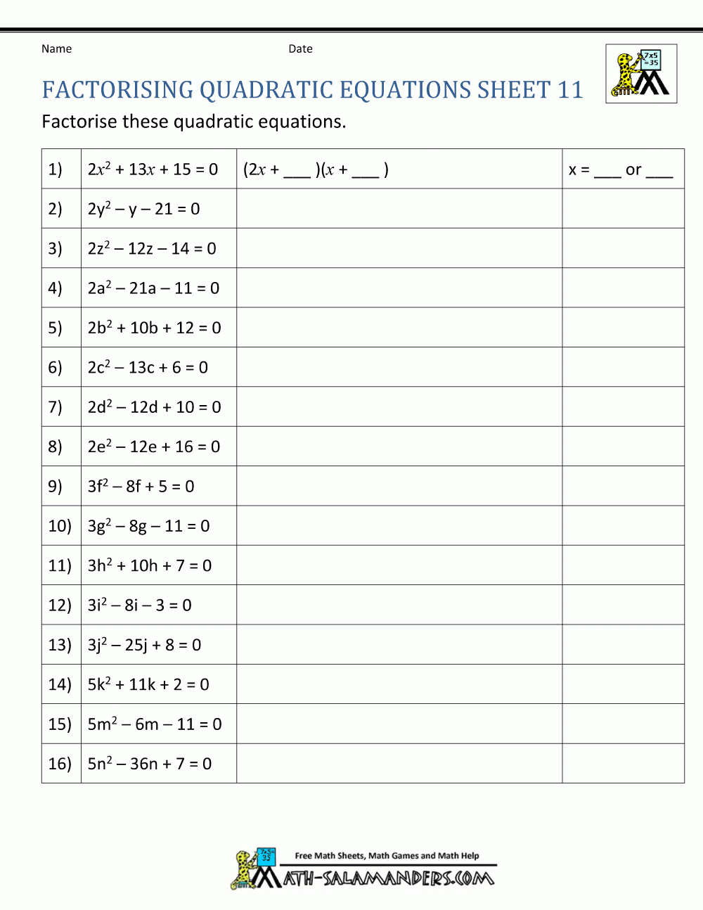Factoring Quadratic Equations Factoring Quadratic Equations