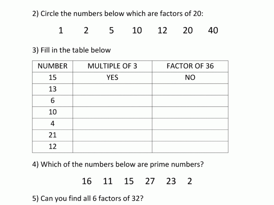 Factors And Multiples Worksheet