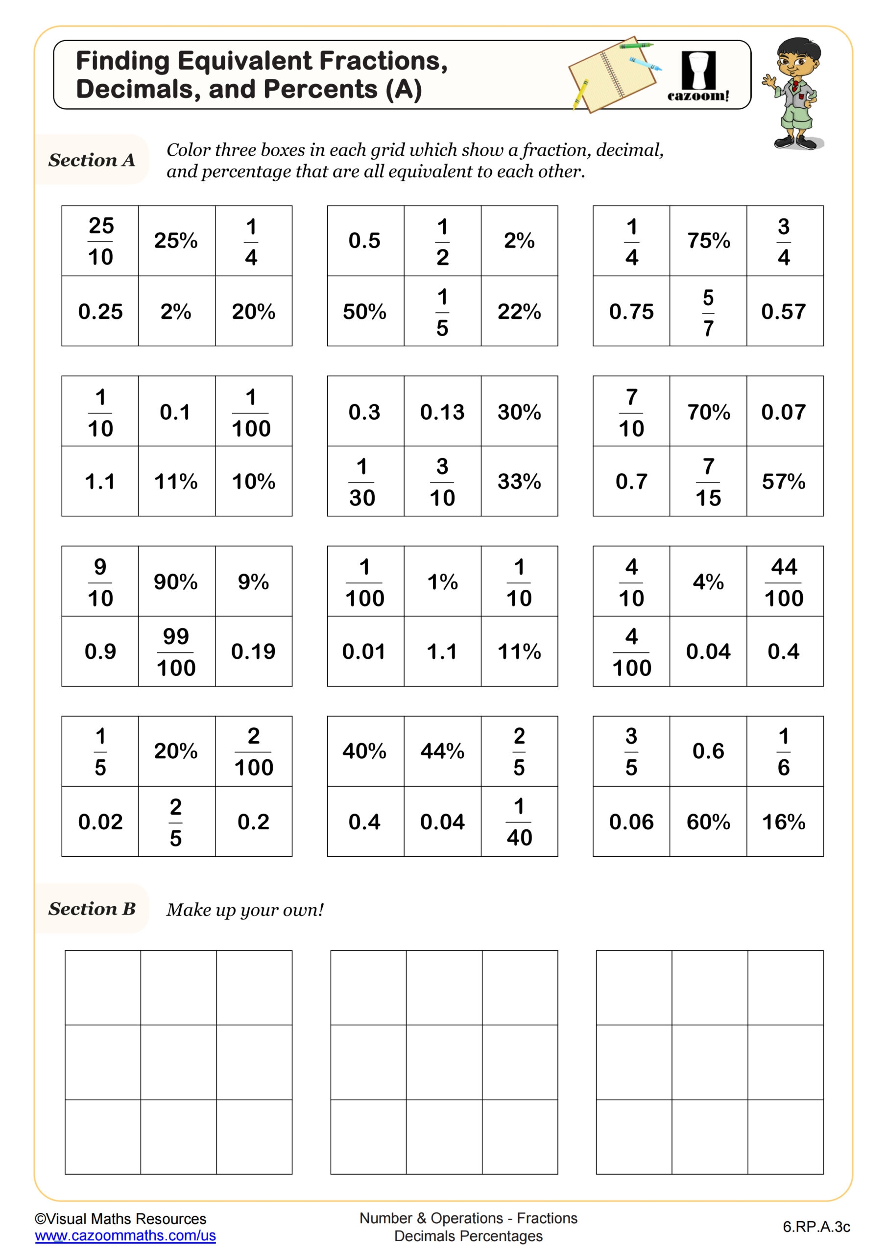 Finding Equivalent Fractions Decimals And Percents A Worksheet PDF Printable Number Operations Worksheet Cazoom Math