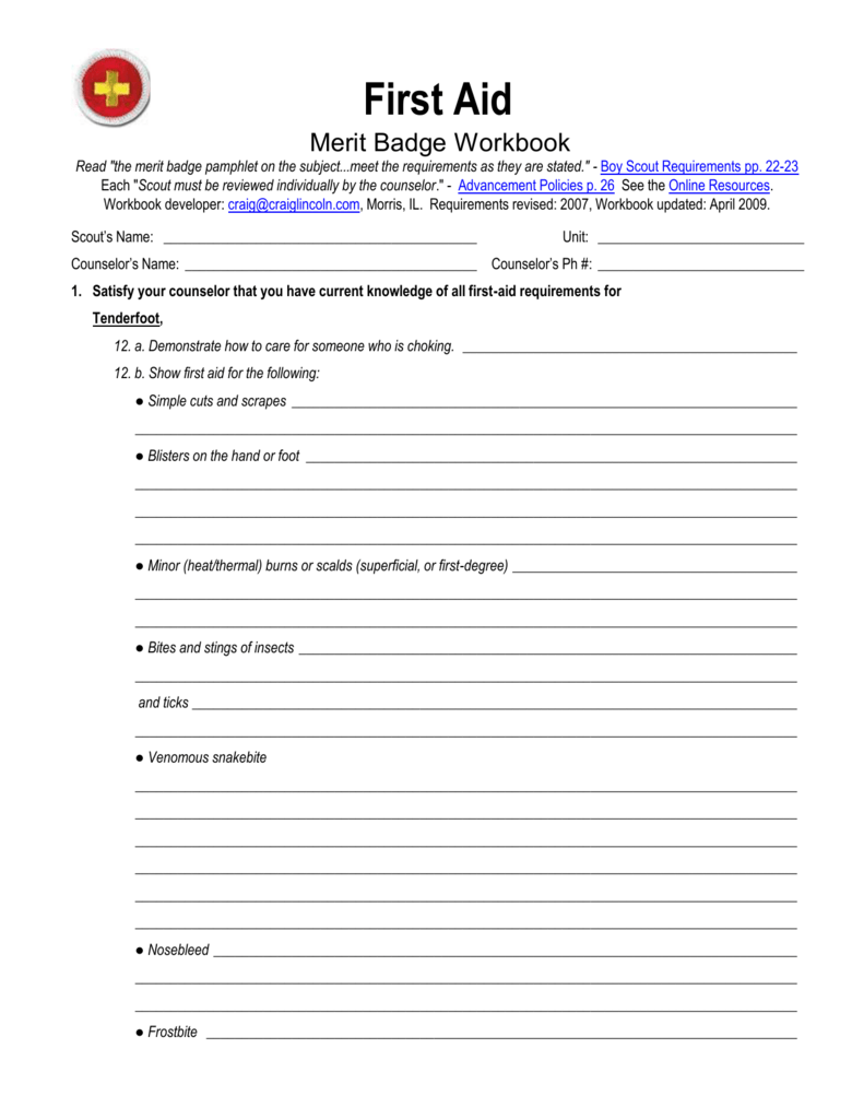 First Aid Merit Badge Workbook Boy Scouts